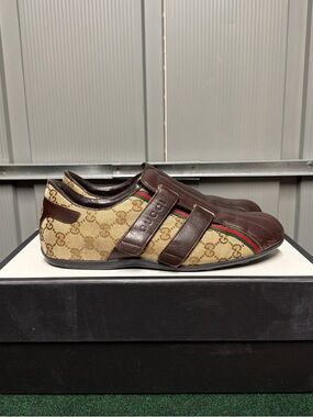 Gucci Brown leather new season logo men sneakers slip on Gucci shoe/shoes Size 8